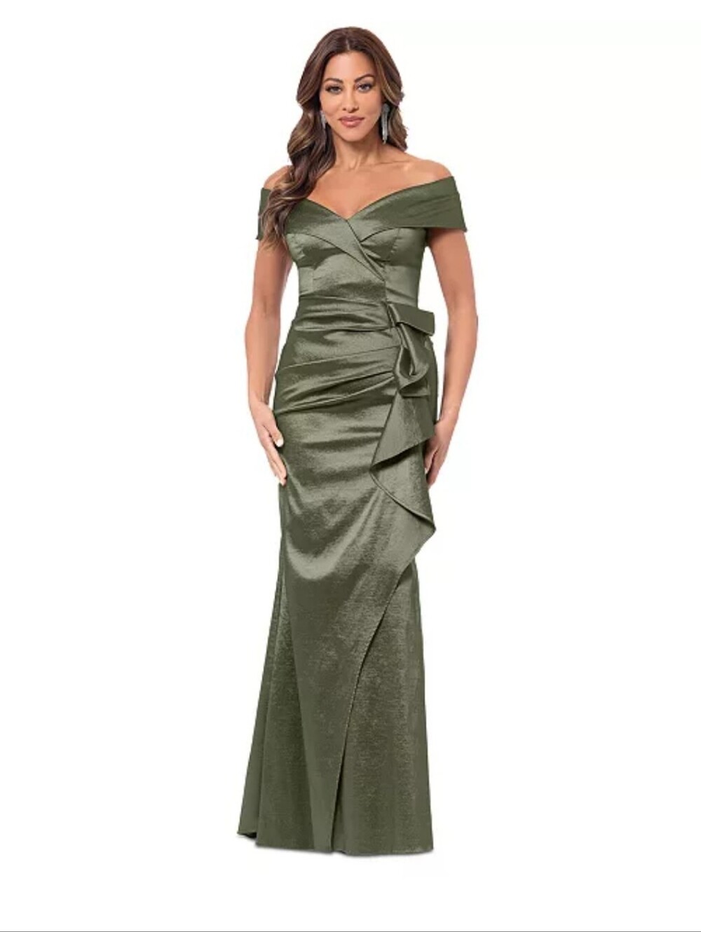 Xscape Size 16 Metallic Olive Ruffle Formal Maxi Dress NWT $299 Statement Piece